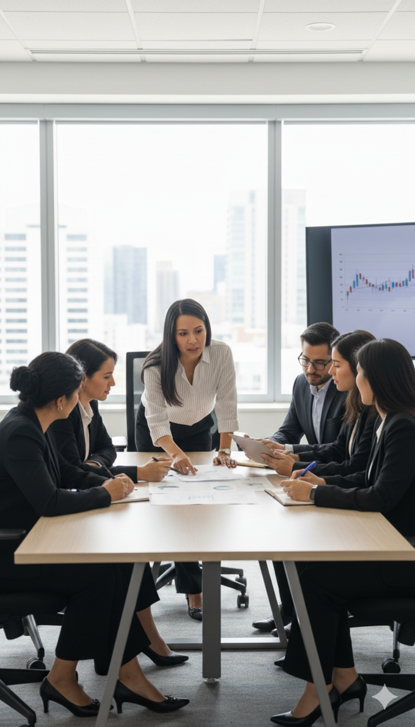 Equipo en reunión estratégica con análisis financiero en pantalla y vista urbana al fondo